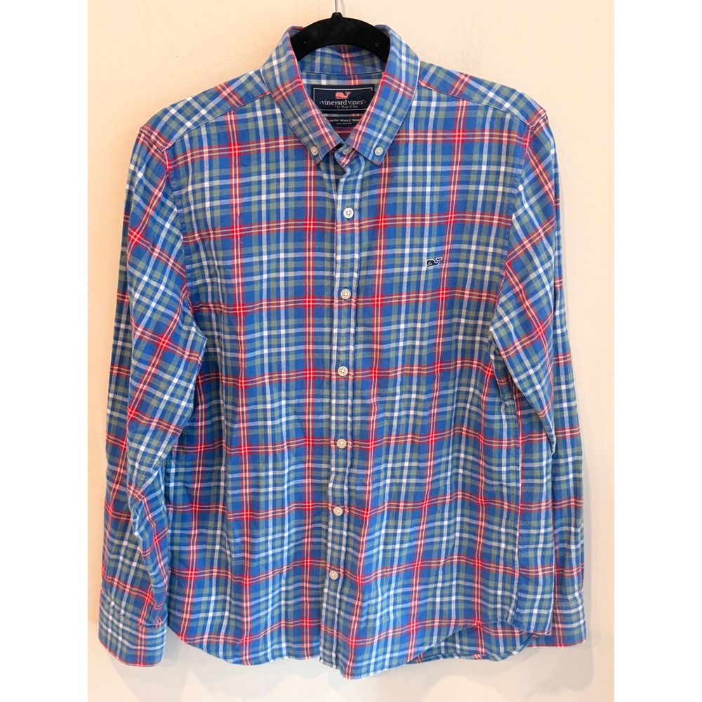 Vineyard Vines Mens Slim Fit Whale Shirt Blue Red Plaid Cotton Flannel Medium